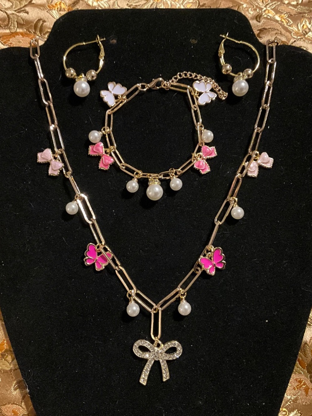 Pink Butterfly Bow Pearl Necklace Jewelry Set Boxed Gift - Parky’s Place